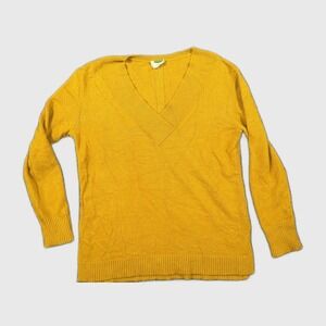 Anthropologie Mustard Yellow V-Neck Pullover Sweater XS Long Sleeve Ribbed Trim